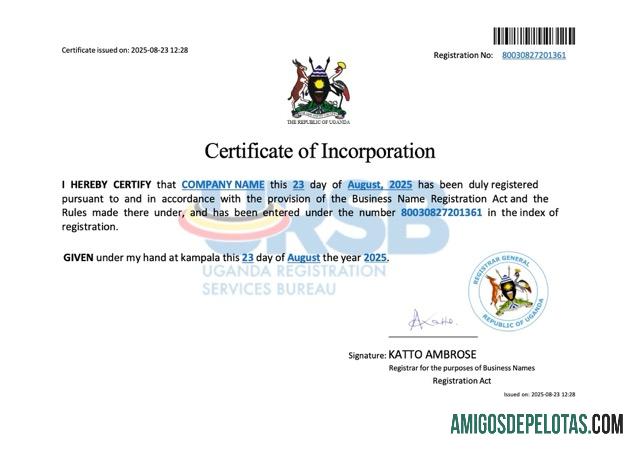 Certificado de incorporação de empresa de Uganda para impressão, modelo Word e PDF